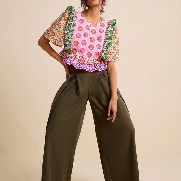 Tops - Multicolor Boho Women's Floral Patchwork Cropped Blouse with Ruffle Hem